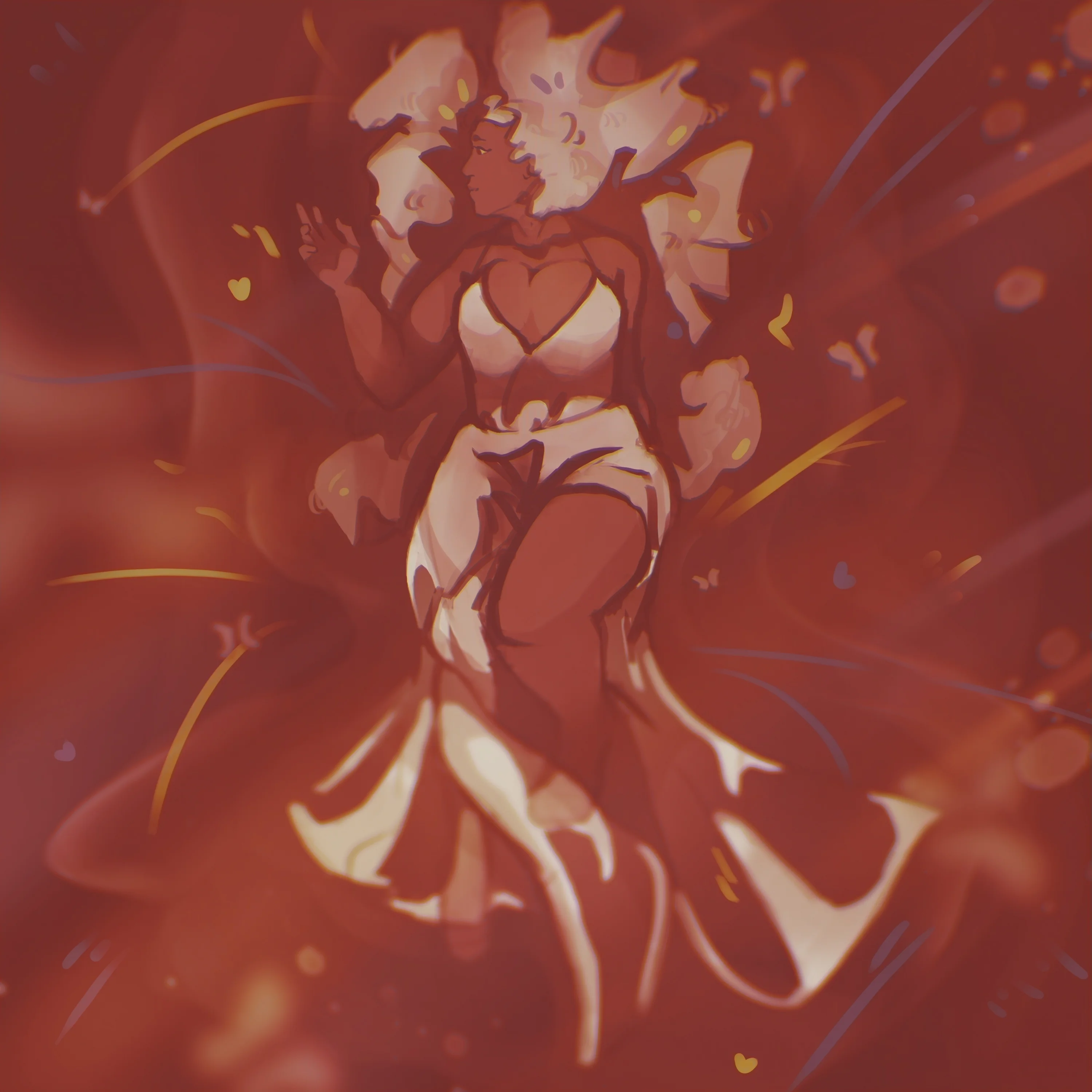 Abstract artwork of a woman in a white dress lying on a red background. Her hair flows outwards, and the scene feels ethereal and serene.